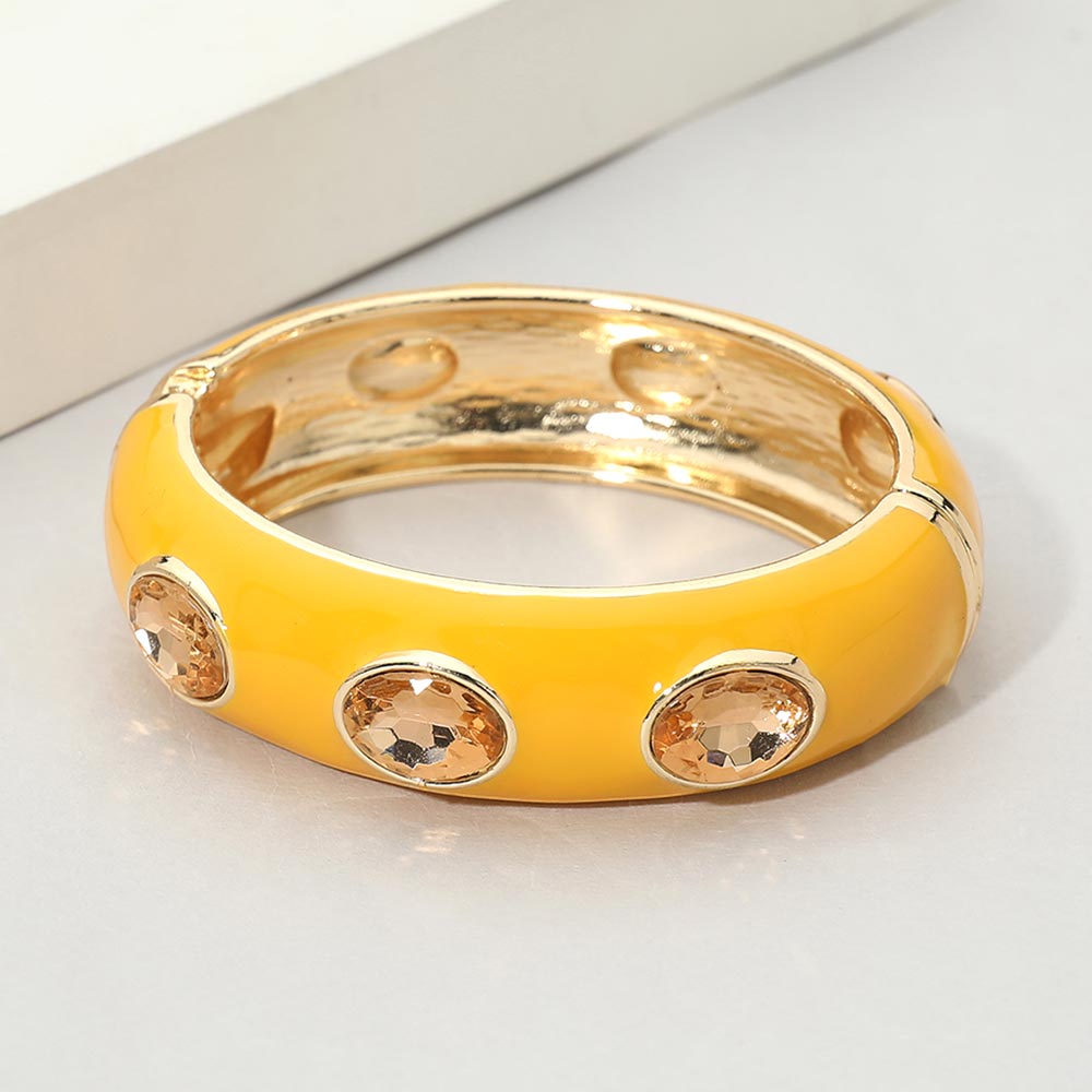 Faceted Oval Stone Hinged Bangle Bracelet - Yellow