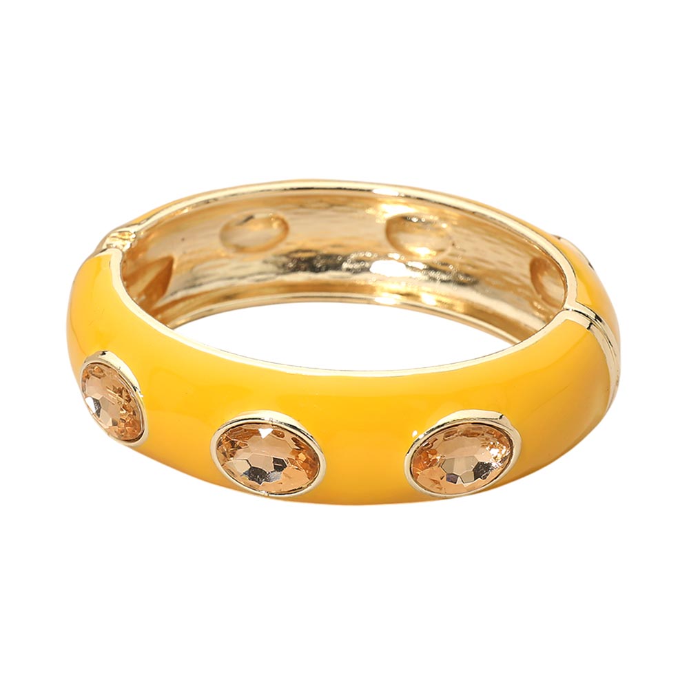 Faceted Oval Stone Hinged Bangle Bracelet - Yellow