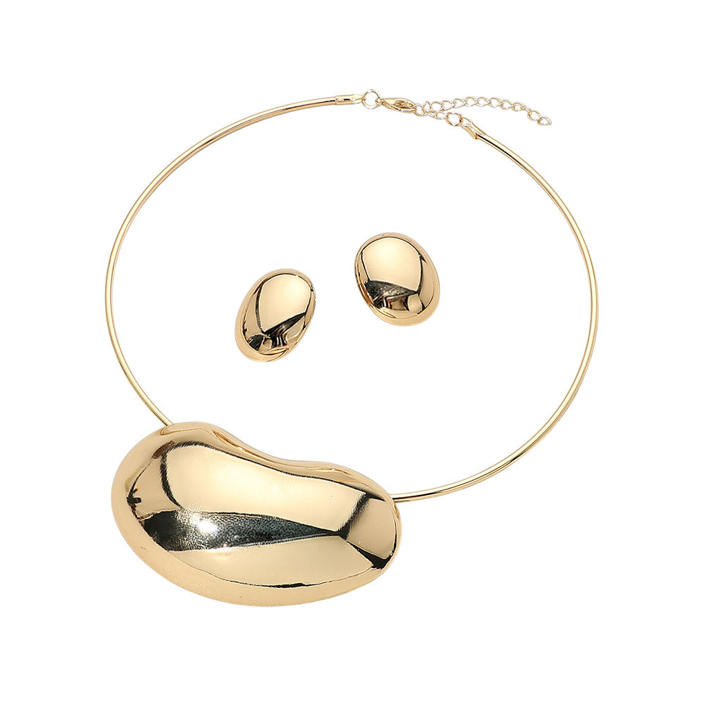 Sculptural Pendant Choker and Earring Set - Gold