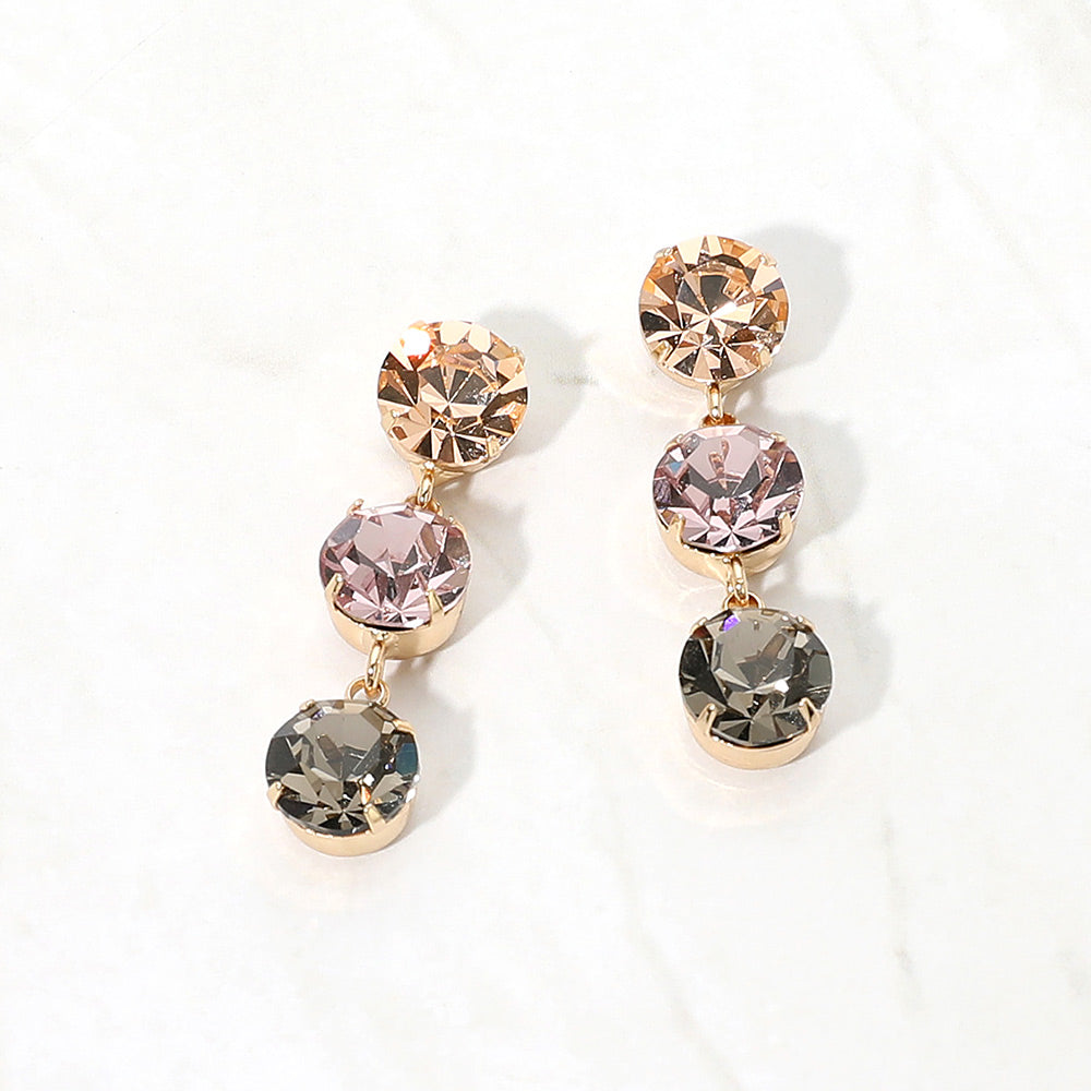 Gold Dipped Triple Swarovski Crystal Drop Earrings - Light Pink / Gold - view 1