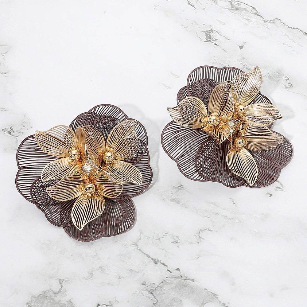 Layered Wire Floral Statement Earrings - Brown