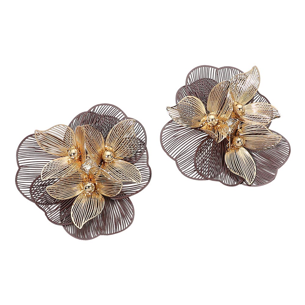 Layered Wire Floral Statement Earrings - Brown