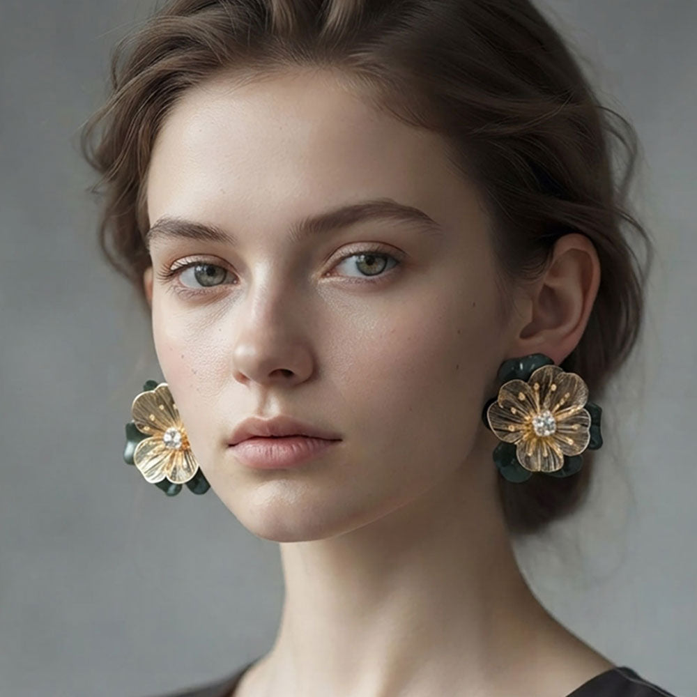 Sculptural Layered Blossom Earrings - Green