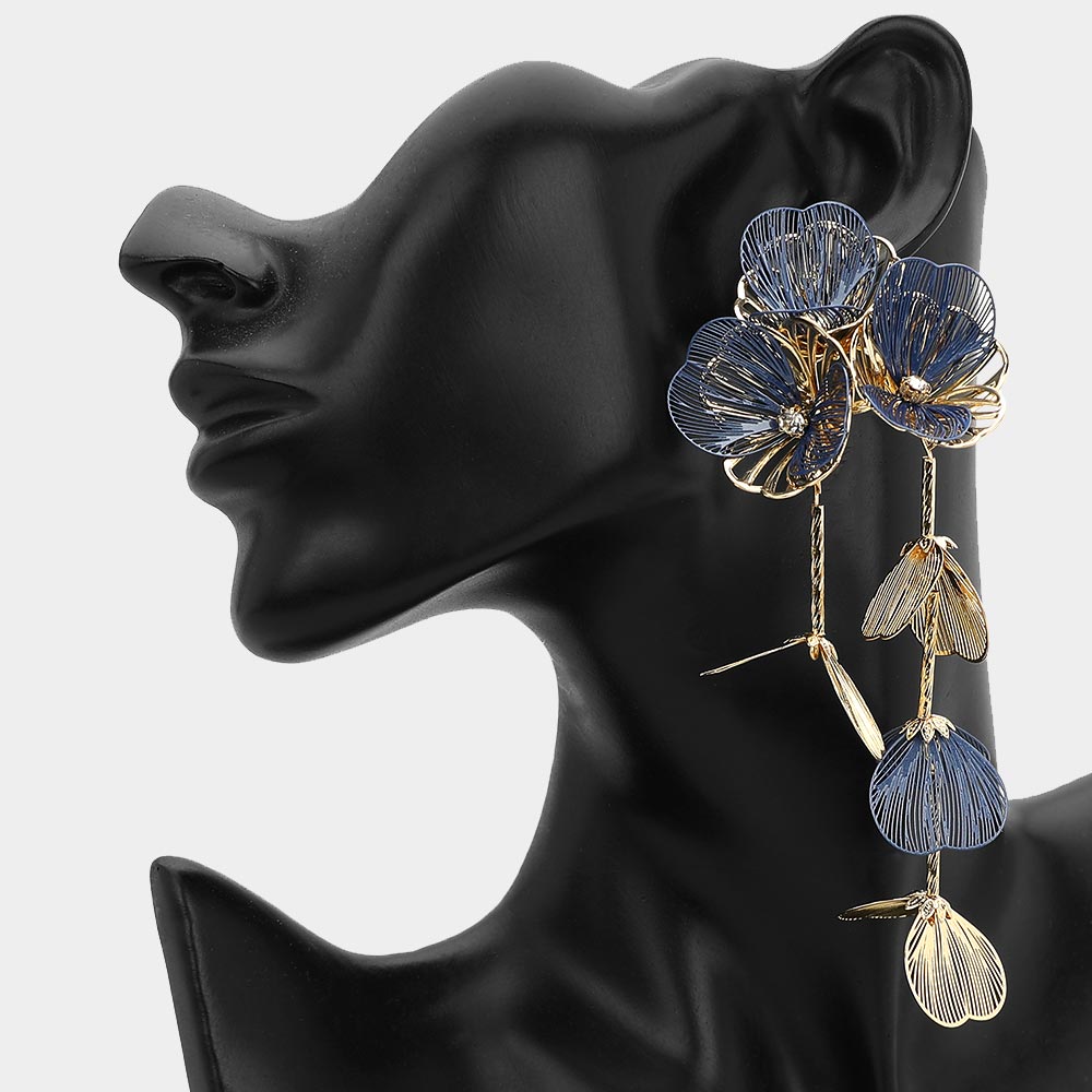Botanical Floral Cascade Drop Earrings - Blue