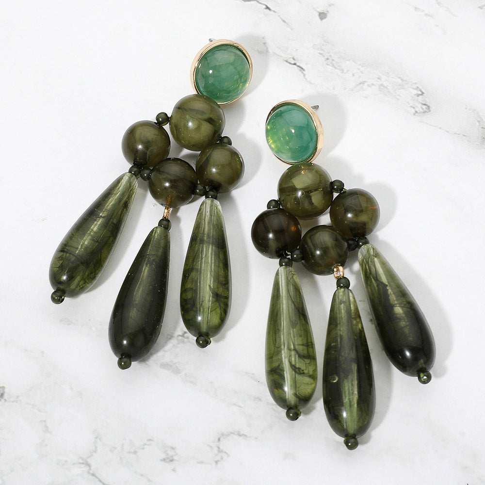 Resin Beaded Chandelier Drop Earrings - Olive Green