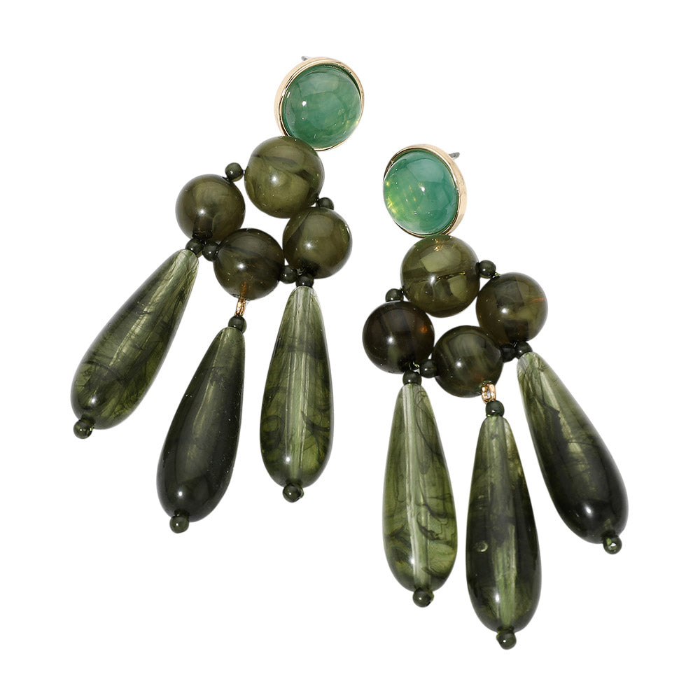 Resin Beaded Chandelier Drop Earrings - Olive Green