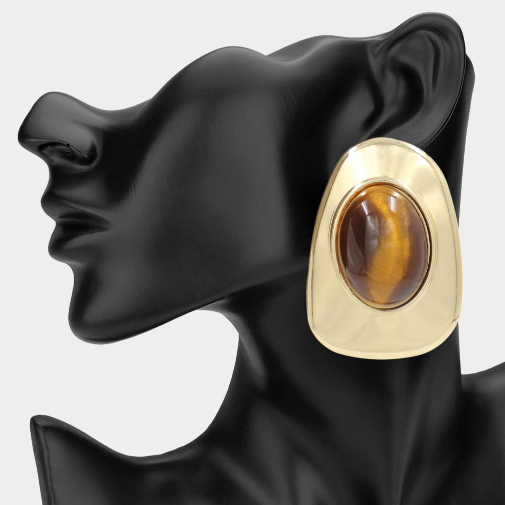 Oval Center Sculptural Frame Earrings - Brown / Gold