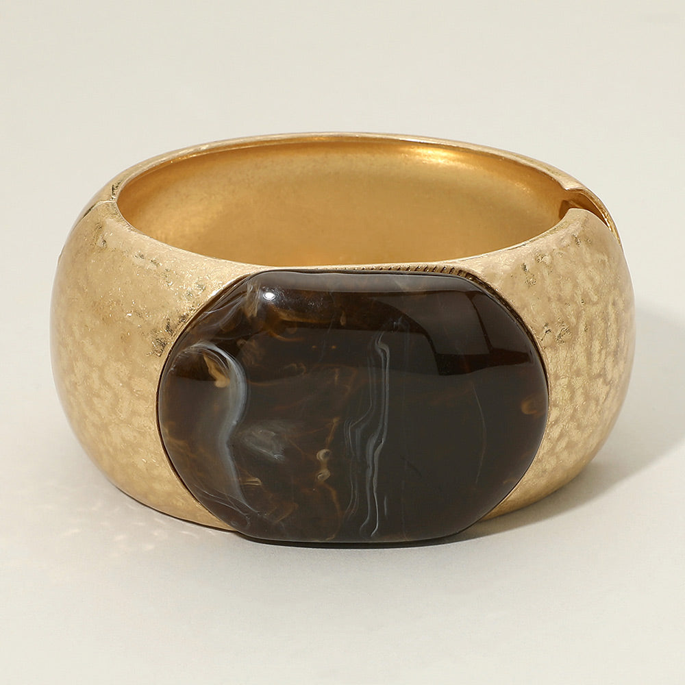Hammered Metal Stone Accent Hinged Bangle - Brown