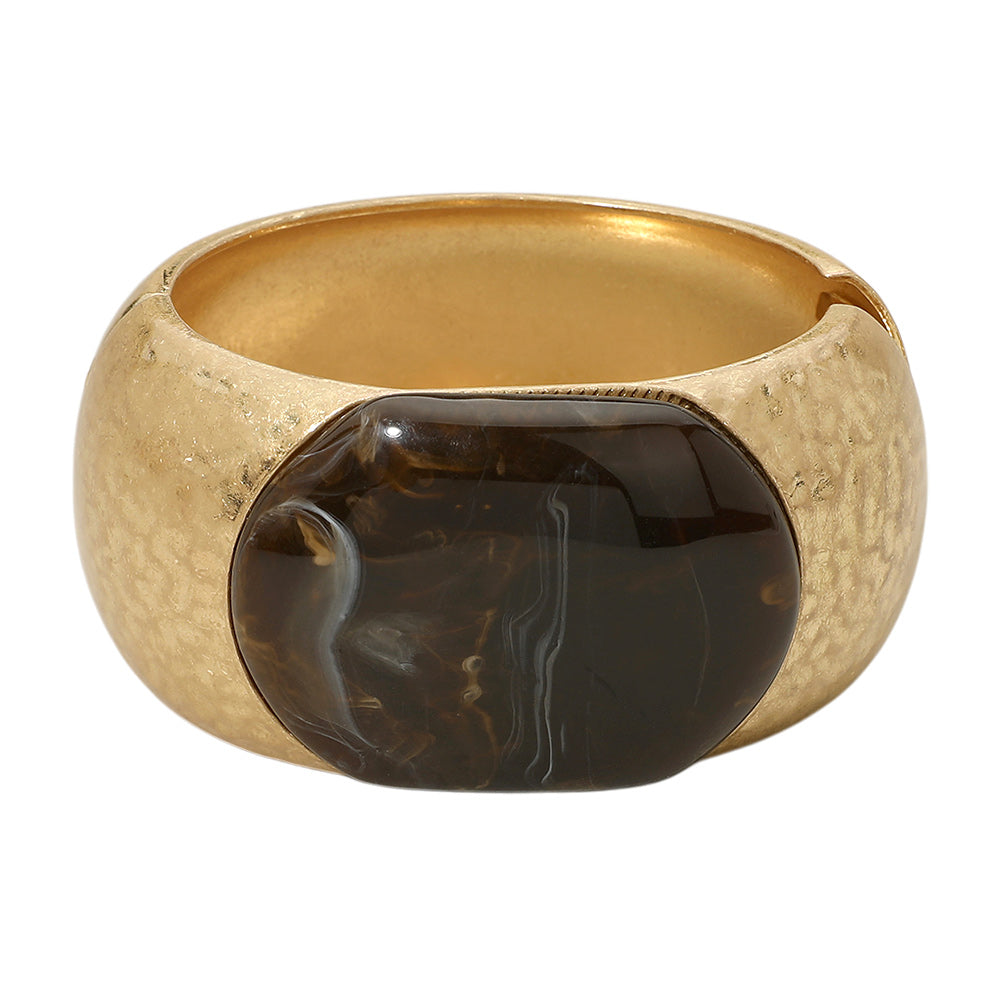 Hammered Metal Stone Accent Hinged Bangle - Brown