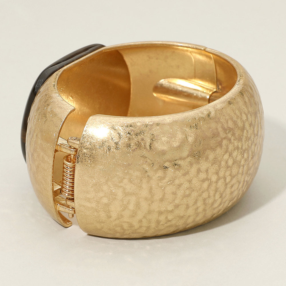 Hammered Metal Stone Accent Hinged Bangle - Brown