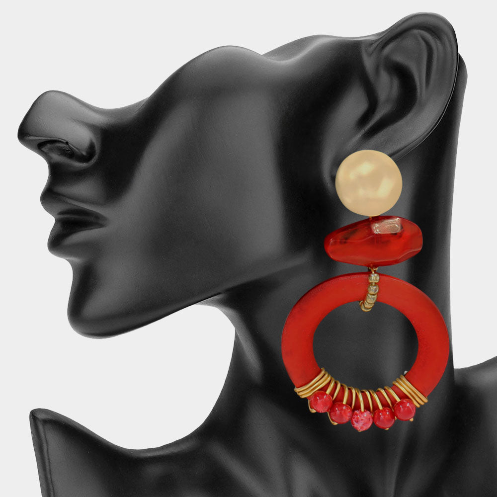 Geometric Beaded Hoop Drop Earrings - Red
