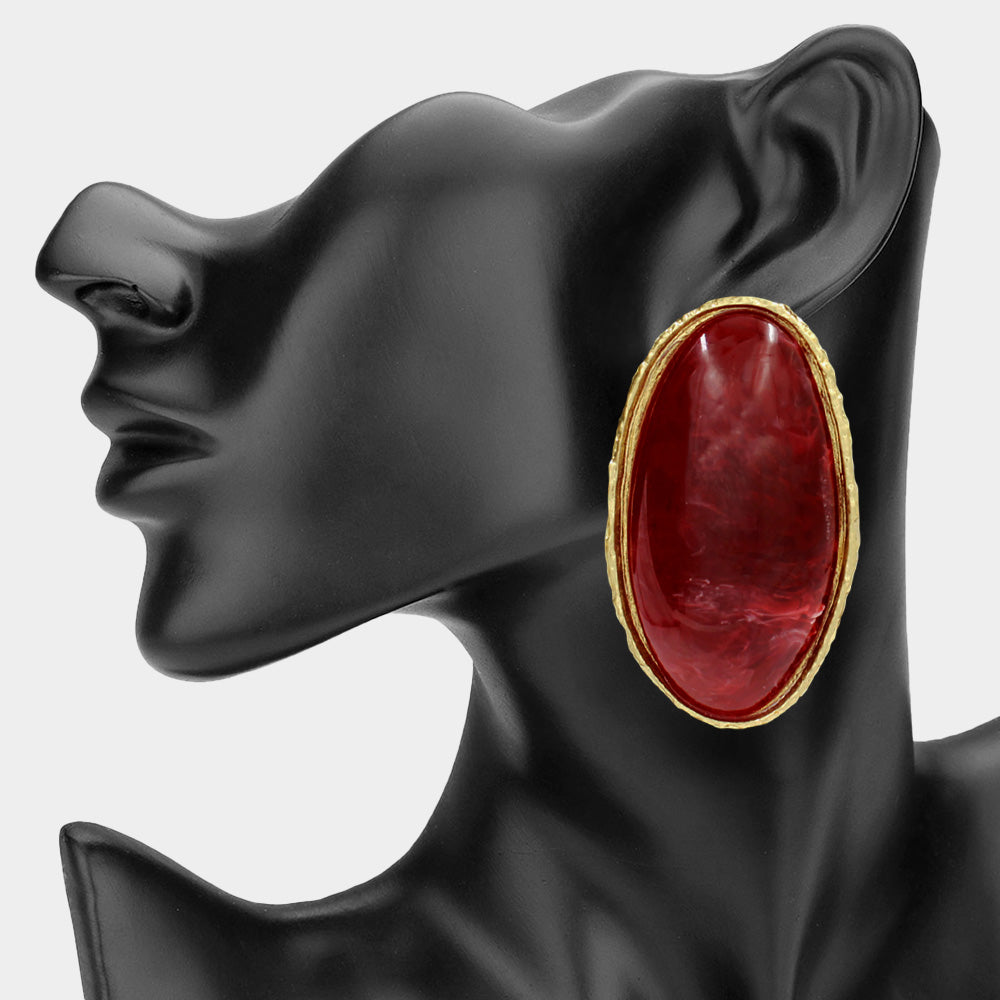 Sculpted Frame Oval Statement Earrings - Burgundy / Gold