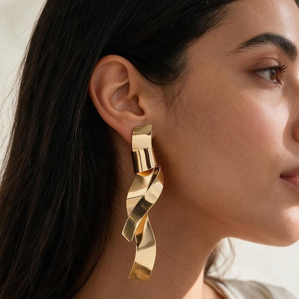 Sculptural Twisted Ribbon Drop Earrings - Gold - view 1