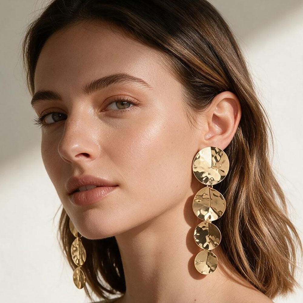 Hammered Cascading Disc Drop Earrings - Gold - view 1