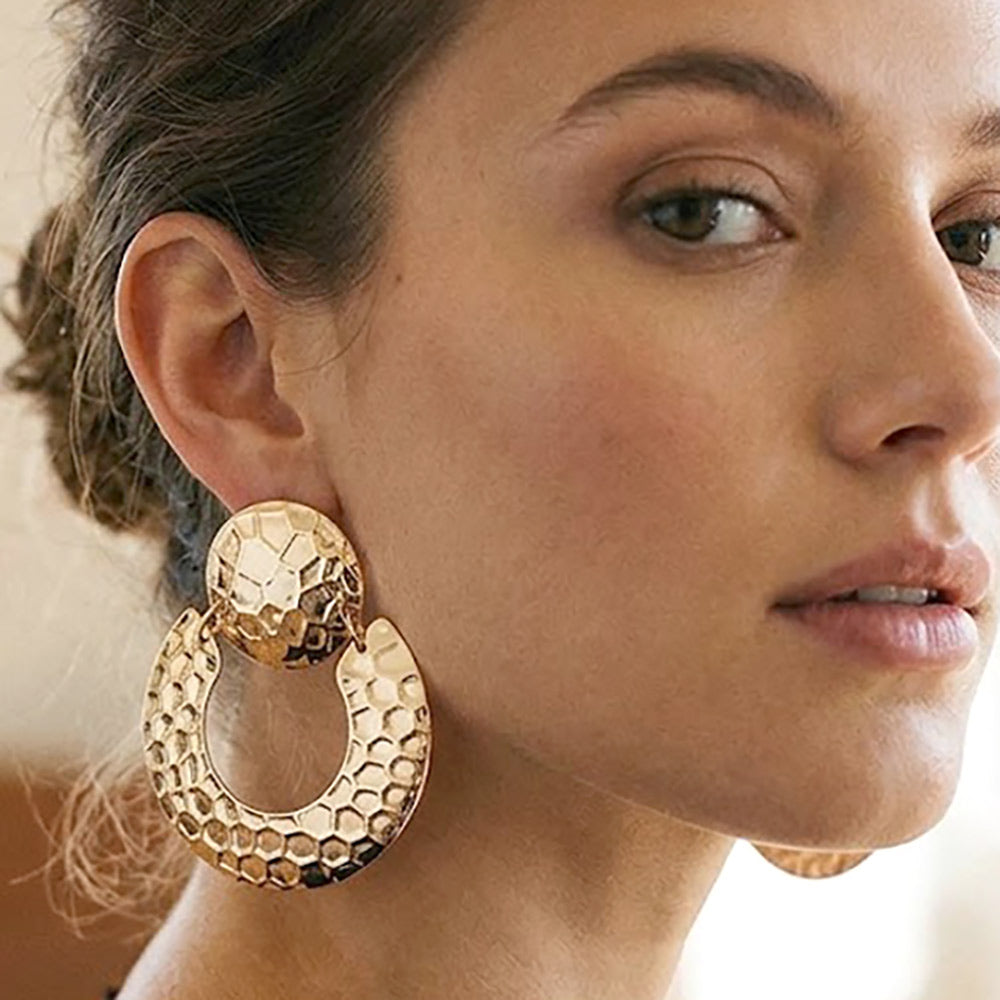 Hammered Metal Round Drop Earrings - Gold - view 1