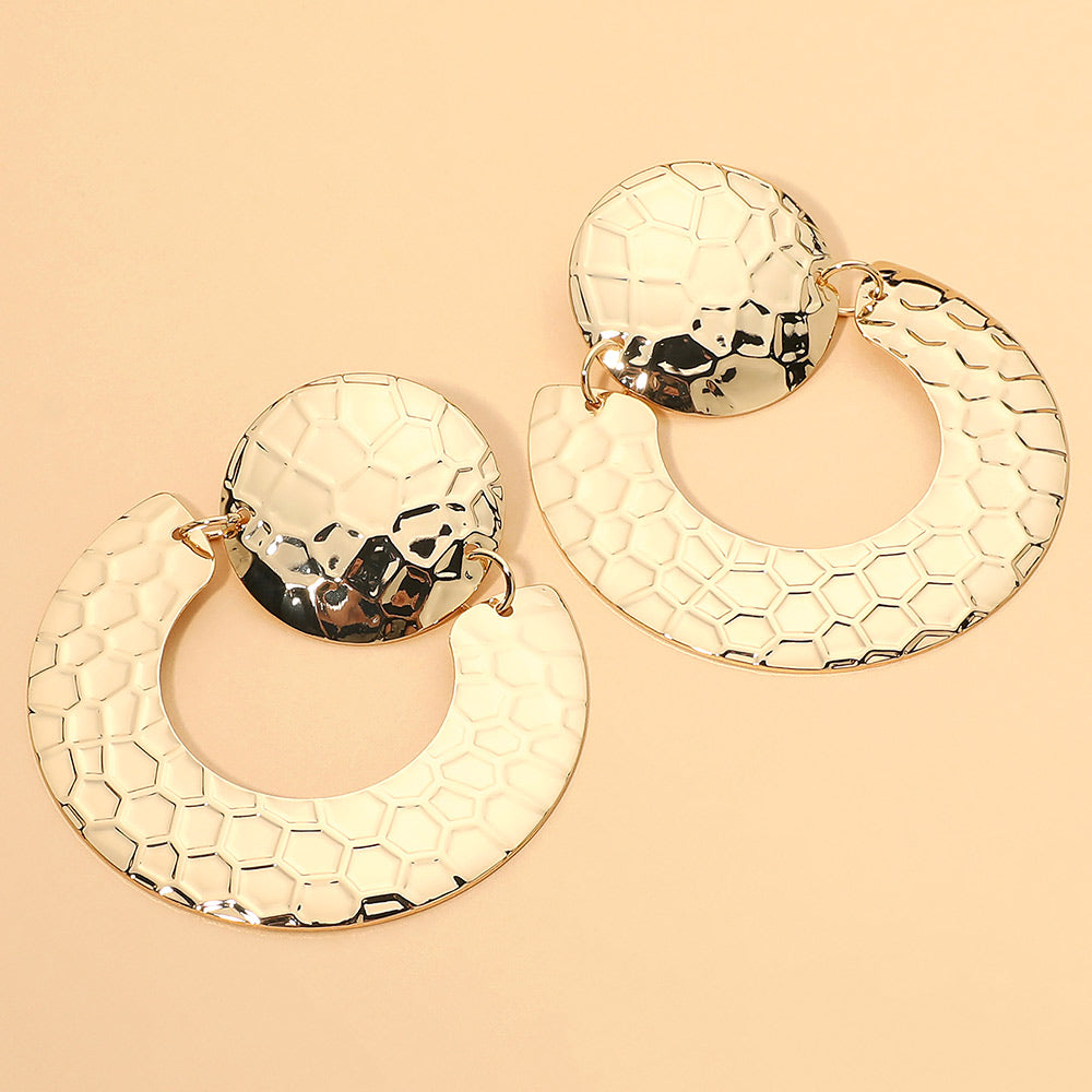 Hammered Metal Round Drop Earrings - Gold - view 2