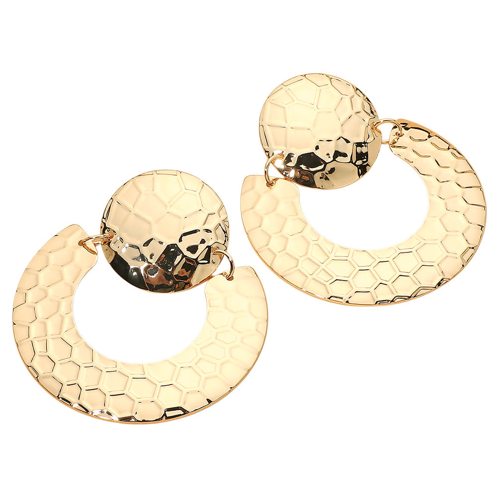 Hammered Metal Round Drop Earrings - Gold - view 3