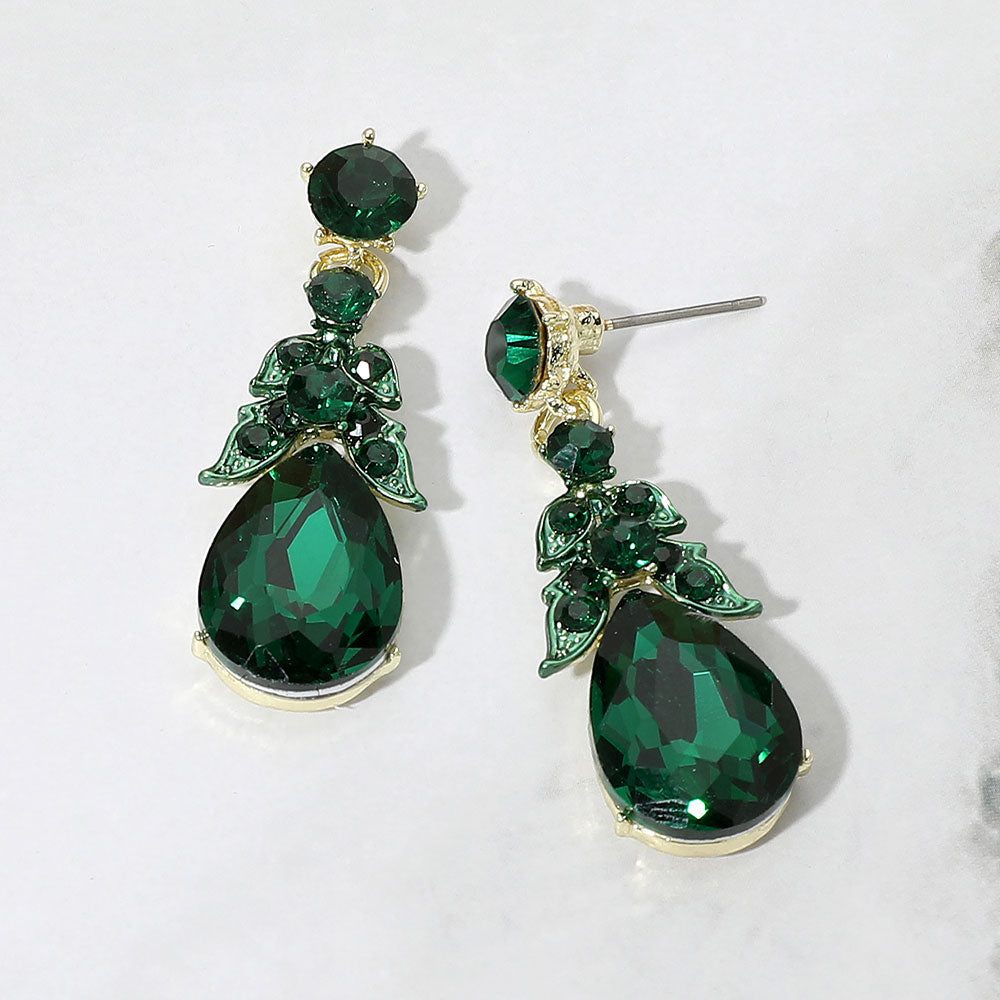 Teardrop Gem Cluster Dangle Earrings - Emerald / Gold - view 1