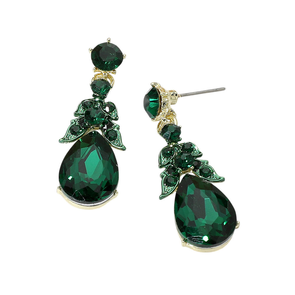 Teardrop Gem Cluster Dangle Earrings - Emerald / Gold - view 2