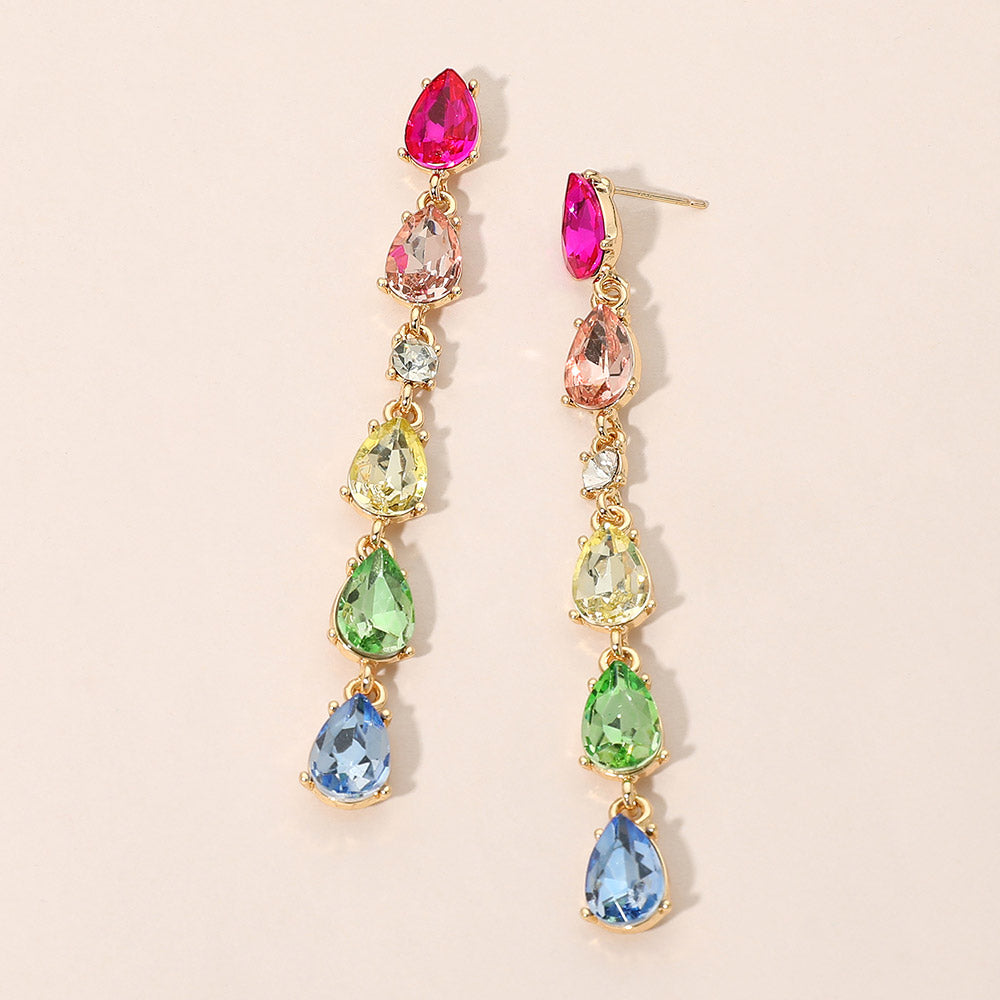 Colorful Teardrop Crystal Linear Drop Earrings - Multi - view 2