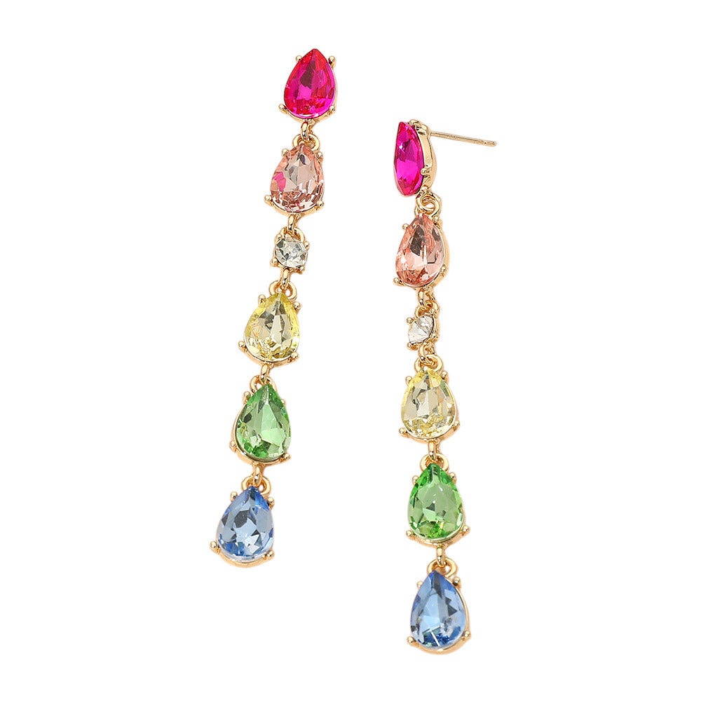 Colorful Teardrop Crystal Linear Drop Earrings - Multi - view 3