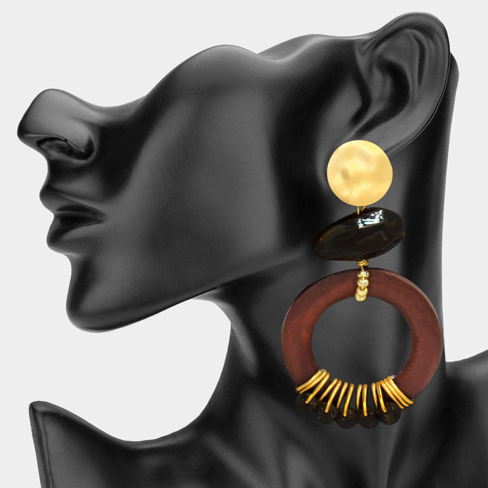 Geometric Beaded Hoop Drop Earrings - Brown