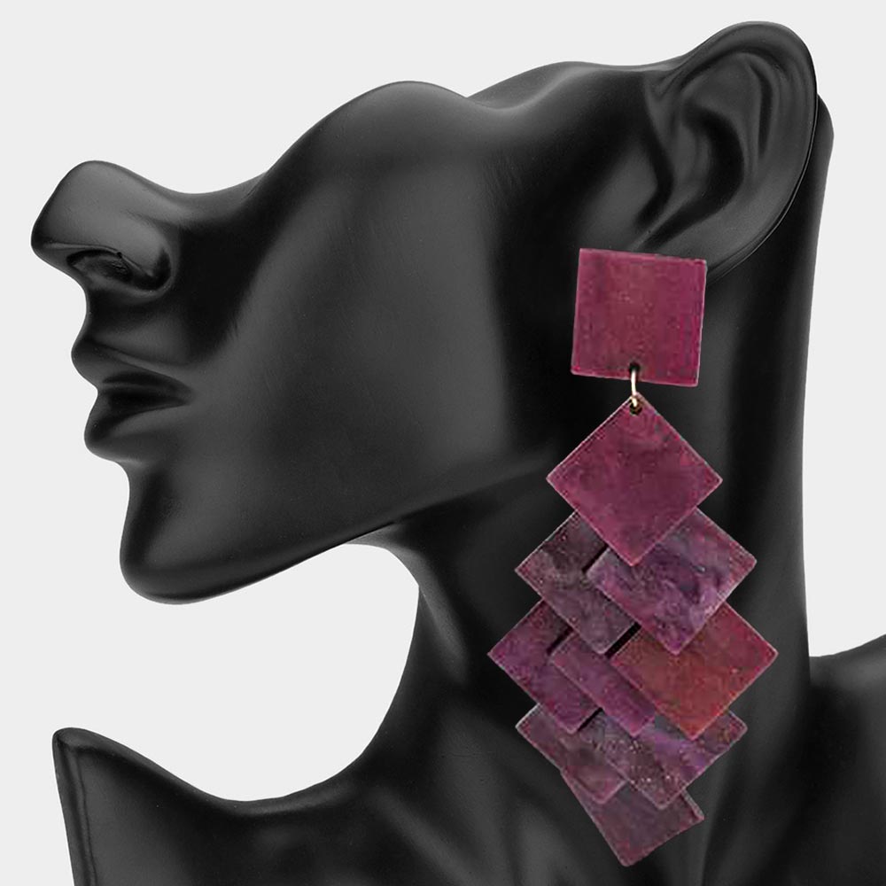 Layered Resin Square Chandelier Earrings - Purple