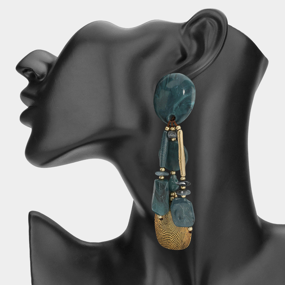 Abstract Resin Beaded Boho Drop Earrings - Navy
