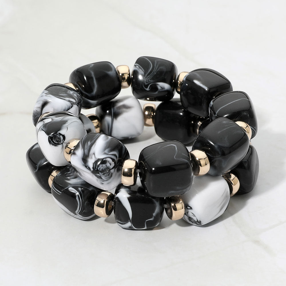 Two Piece Pebble Beaded Stretch Bracelet Set - Black / Gold