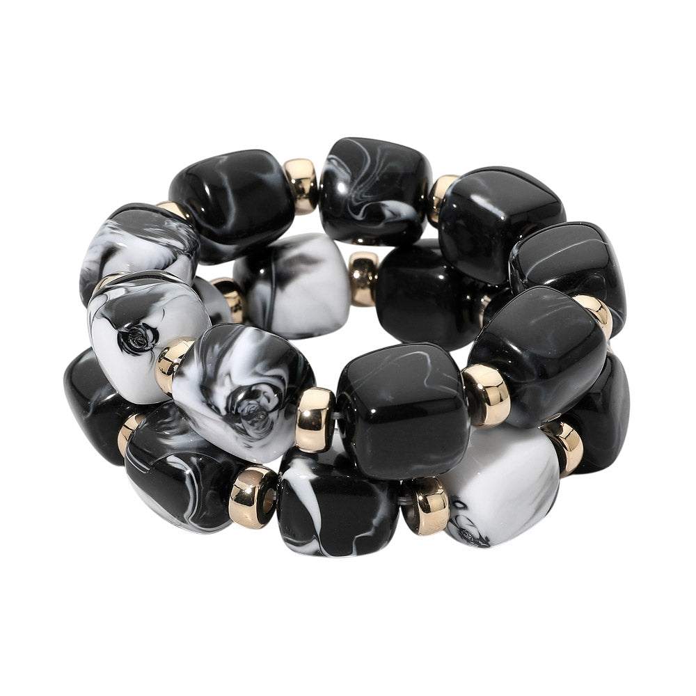 Two Piece Pebble Beaded Stretch Bracelet Set - Black / Gold