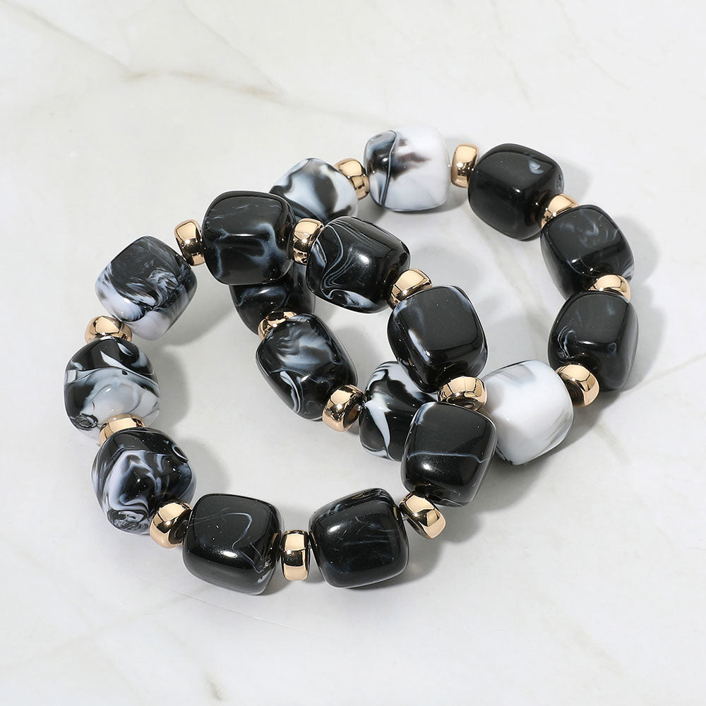 Two Piece Pebble Beaded Stretch Bracelet Set - Black / Gold