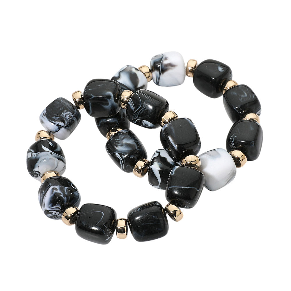 Two Piece Pebble Beaded Stretch Bracelet Set - Black / Gold