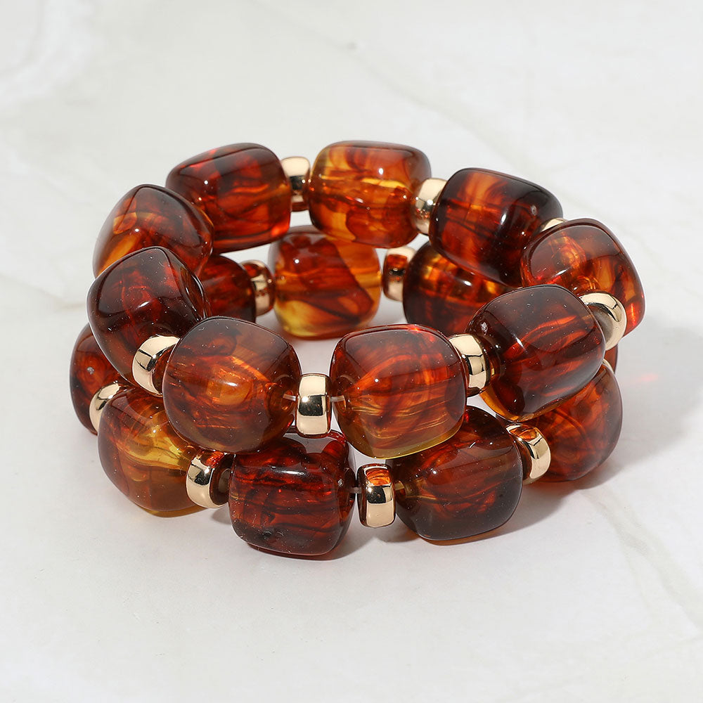 Two Piece Pebble Beaded Stretch Bracelet Set - Brown / Gold