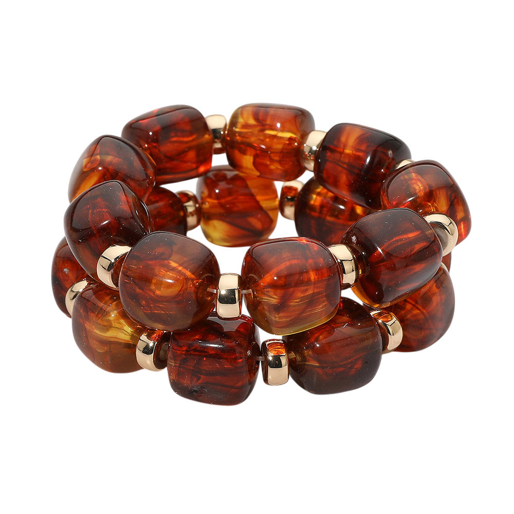 Two Piece Pebble Beaded Stretch Bracelet Set - Brown / Gold