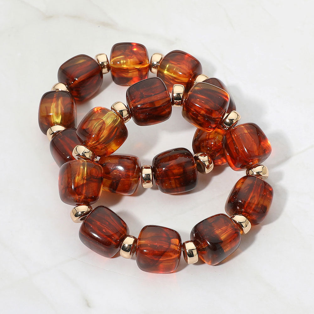Two Piece Pebble Beaded Stretch Bracelet Set - Brown / Gold