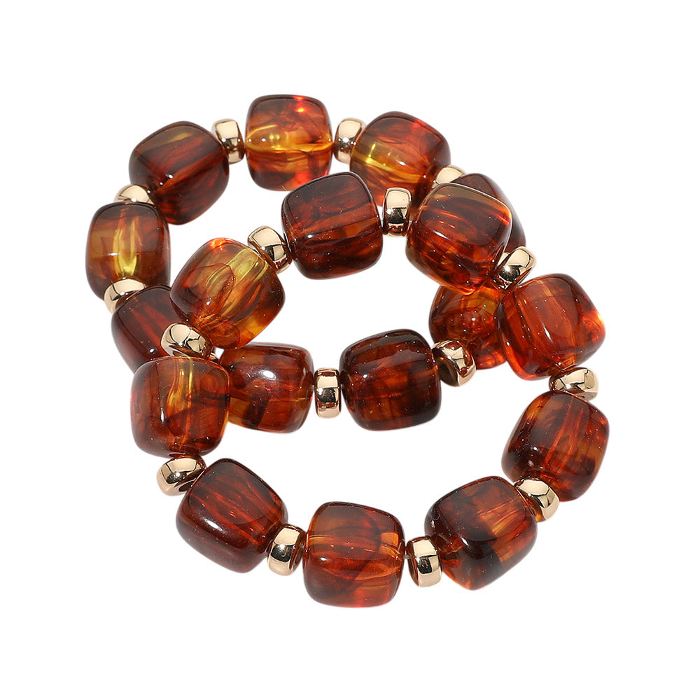 Two Piece Pebble Beaded Stretch Bracelet Set - Brown / Gold