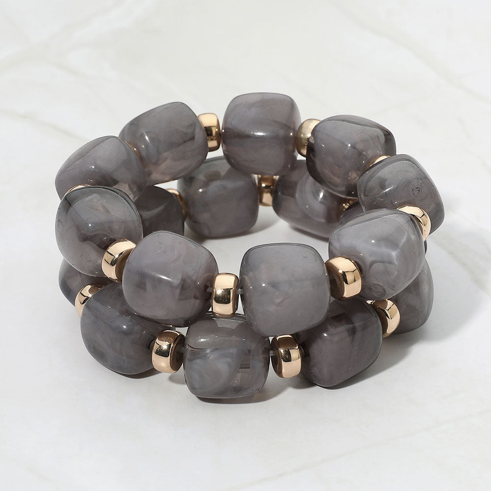 Two Piece Pebble Beaded Stretch Bracelet Set - Gold / Gray