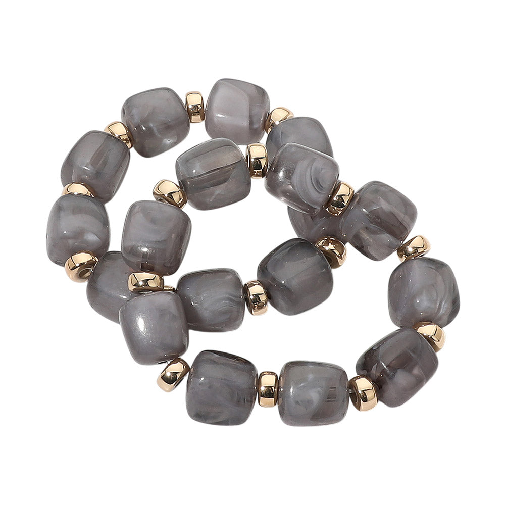 Two Piece Pebble Beaded Stretch Bracelet Set - Gold / Gray