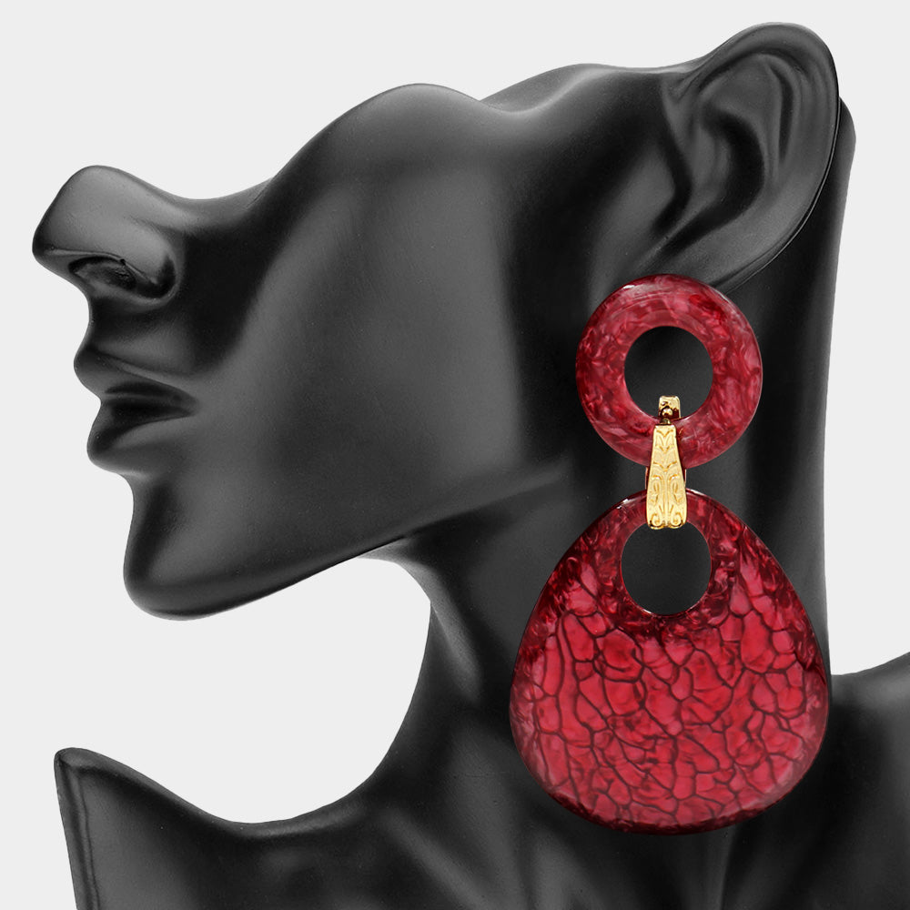 Abstract Double Circle Drop Earrings - Burgundy / Gold