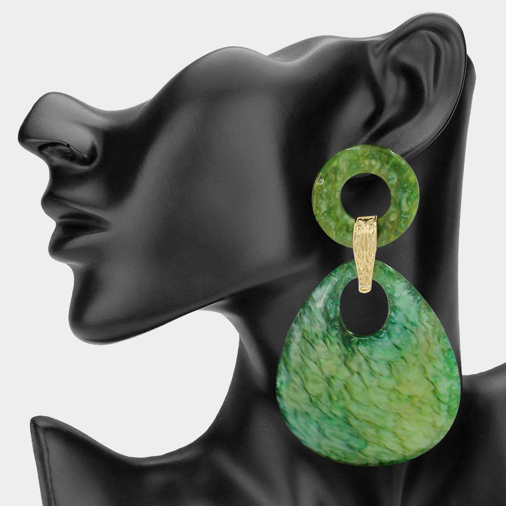 Abstract Double Circle Drop Earrings - Gold / Green