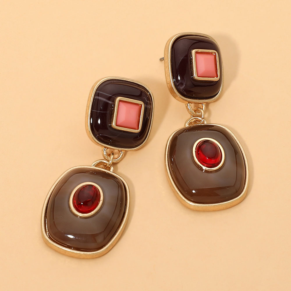 Geometric Double Drop Earrings - Brown / Worn Gold