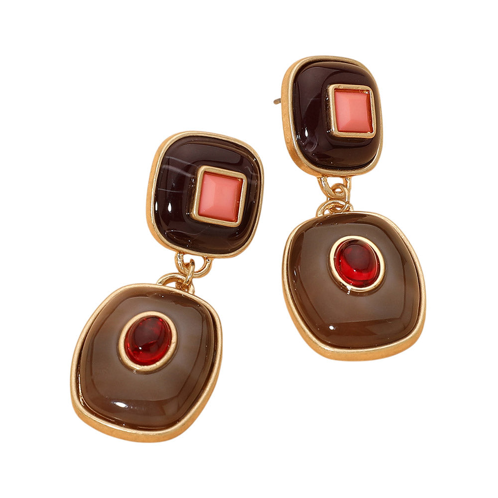 Geometric Double Drop Earrings - Brown / Worn Gold