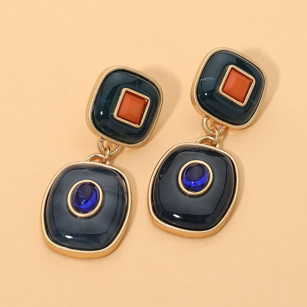 Geometric Double Drop Earrings - Navy / Worn Gold