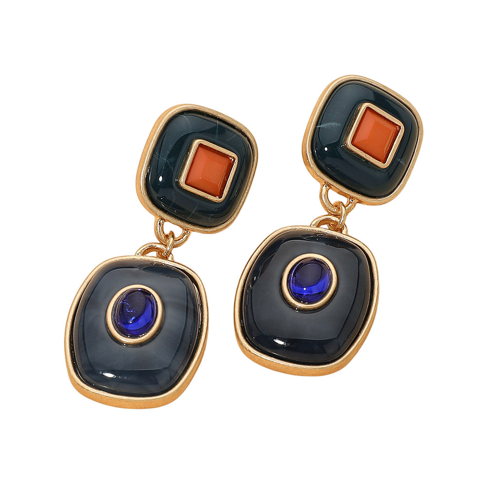 Geometric Double Drop Earrings - Navy / Worn Gold